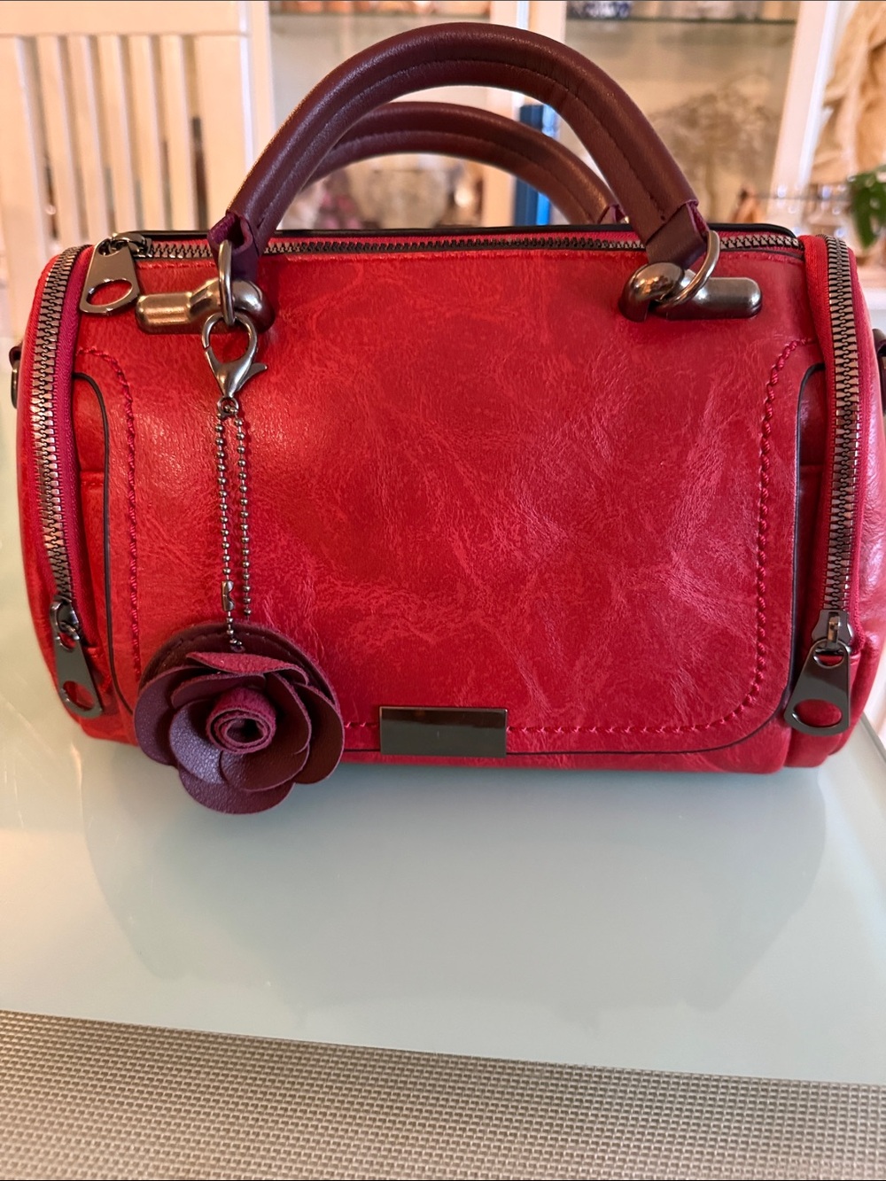 Chic Red Mini Satchel with Rose Charm